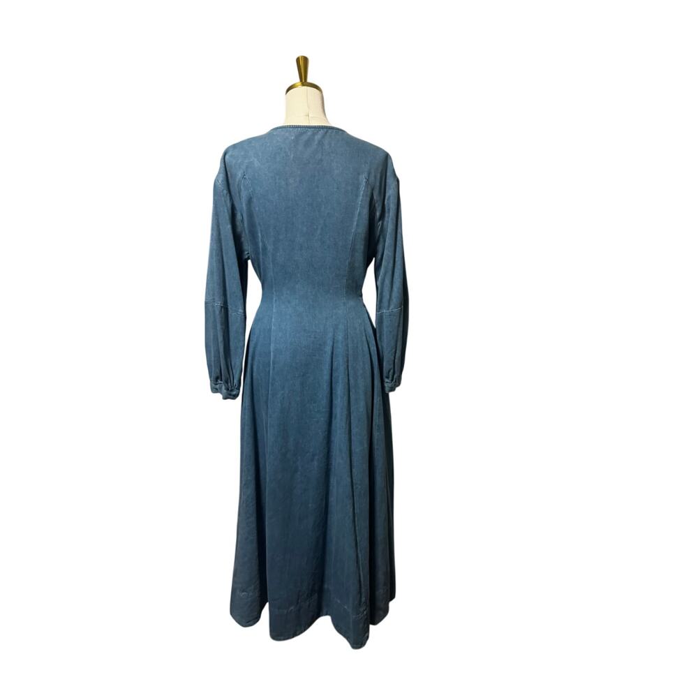 Mr. Larkin Miller Dress in Denim Button Front Tie Belt Balloon Sleeves Cotton M - Picture 3 of 6